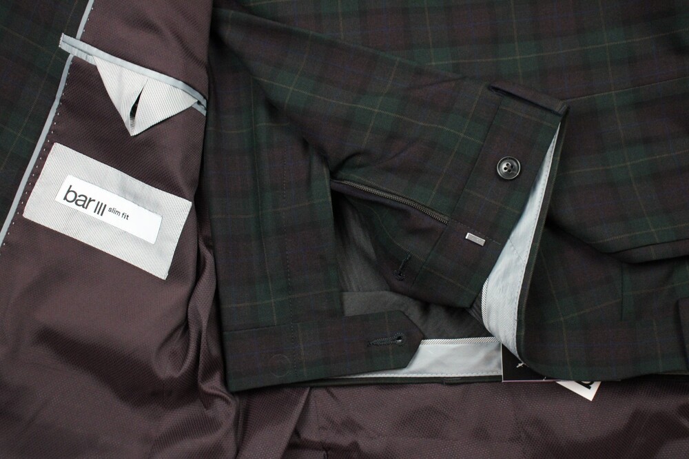 Bar iii Suit Mens 38 L 32W Green Burgundy Plaid Slim Fit Stretch 2 piece - Picture 7 of 10